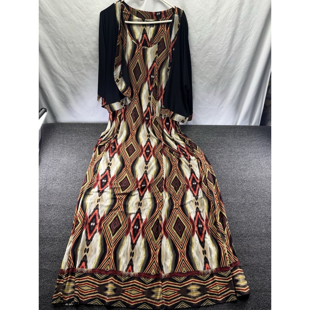 Roman's Long Black Tank Dress‎ With Gold/Red Geometric & Matching Jacket Size LG